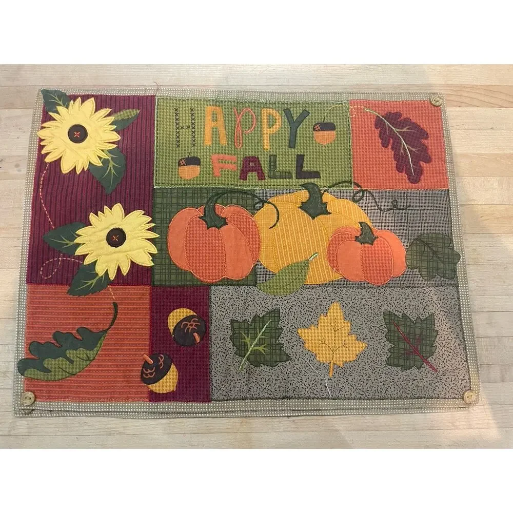 4 Happy Fall Embroidered Appliqué Pumpkin Sunflower Leaf Harvest Table Placemats